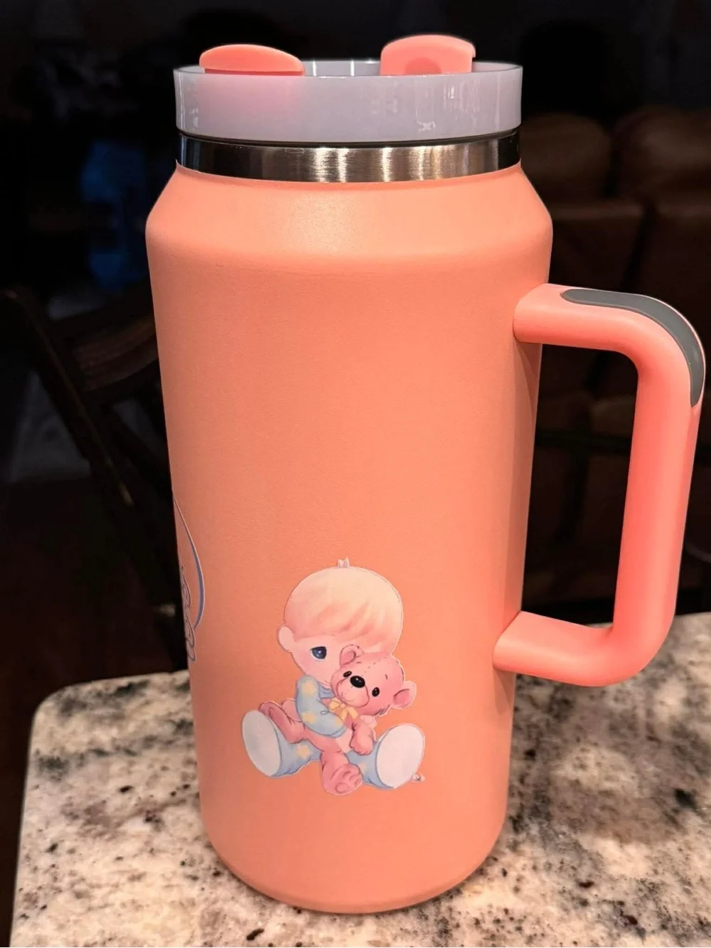 Precious moments Coral Travel Mug with Handle NEW WITH STRAW 10”tall